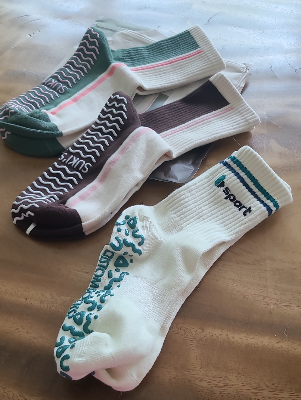 3 Pairs Pilates Athletic Socks -White with Teal, Brown, 2 Brand New, 1 Like new